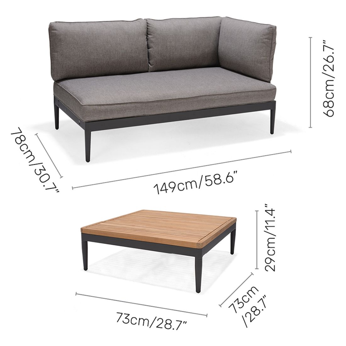Loungesett Topaz aluminium og teak med olefin detalj av bordplate i teak