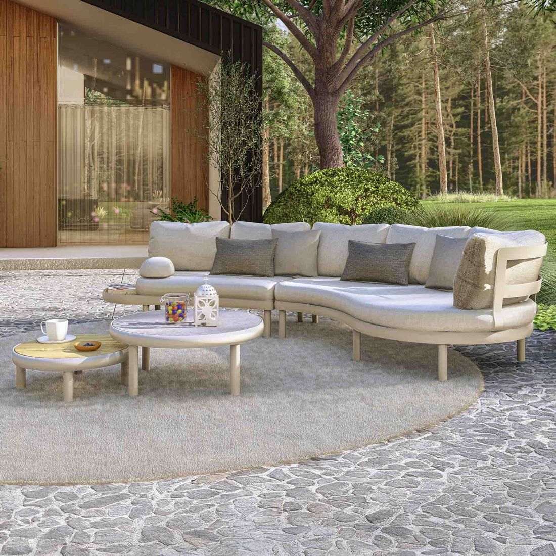 Loungesett Wave aluminium/teak med loungebord Zebra forfra