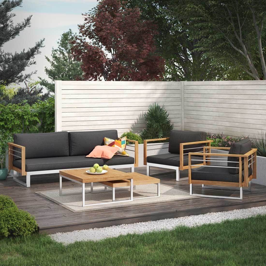 Loungesofa Hawaii rustfritt stål/teak 196 cm detalj av stoff