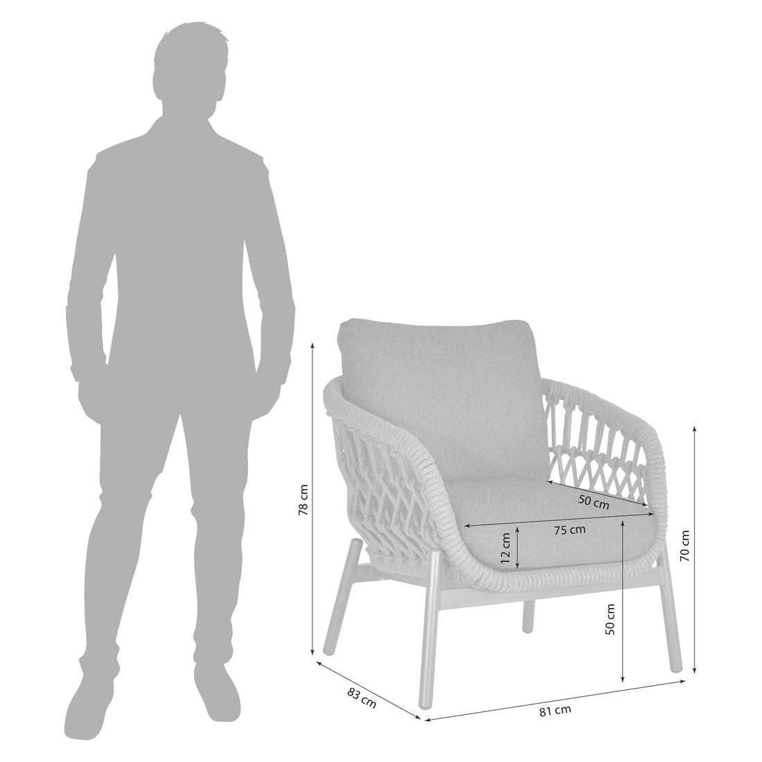 Loungestol Bari aluminium tau olefin 81x83 cm detalj av tauflettverk