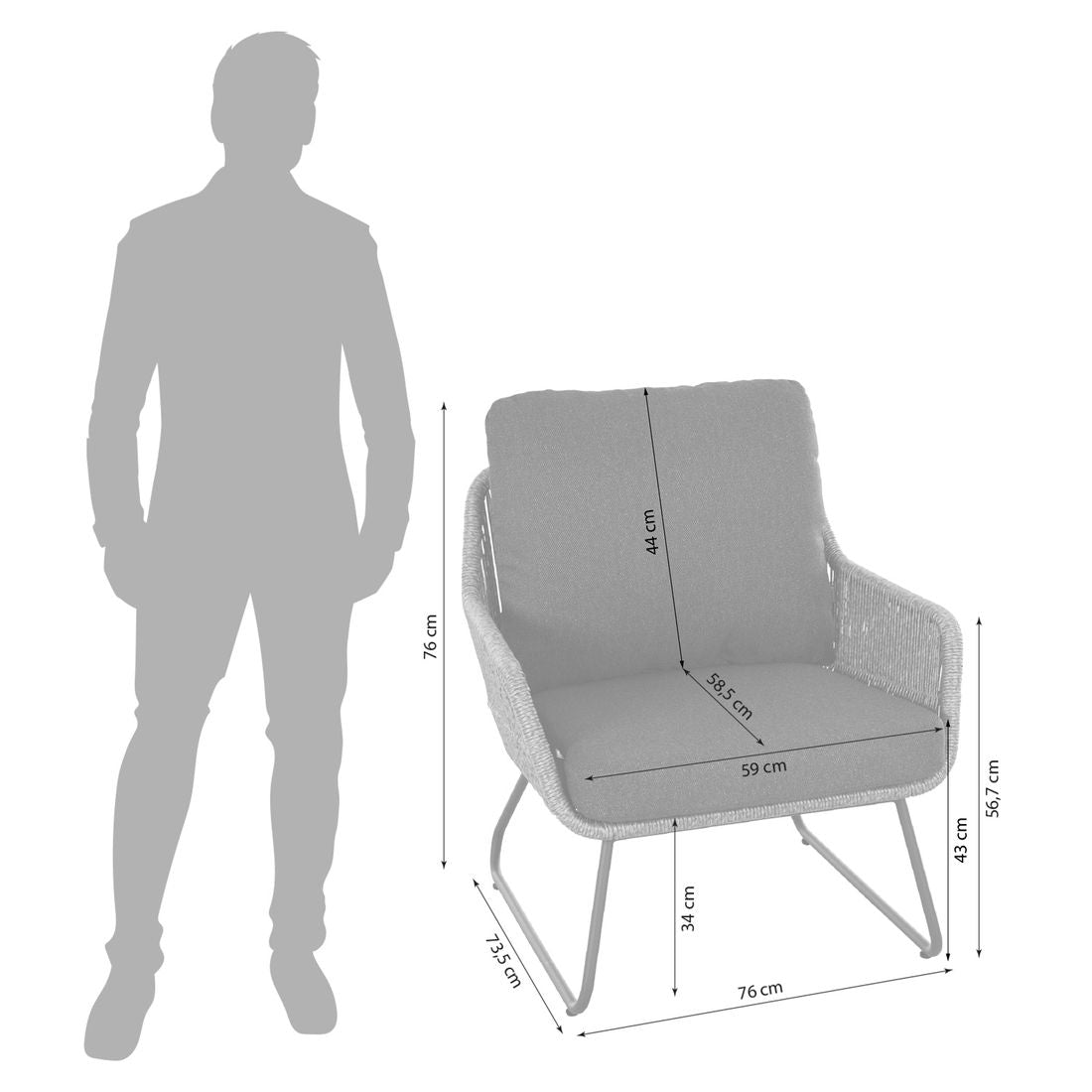 Loungestol Kansas aluminium/flettverk 76x73,5 cm montert på terrasse