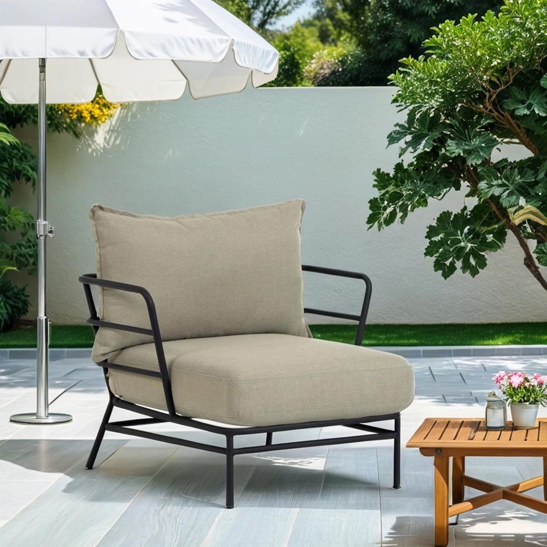 Loungestol Mareluz stål/polyester svart/beige 80 cm forfra