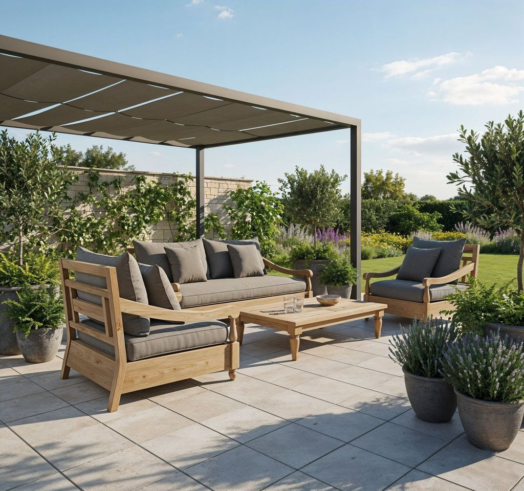 Loungestol Portofino resirkulert teak/olefin 90x90 cm sideprofil