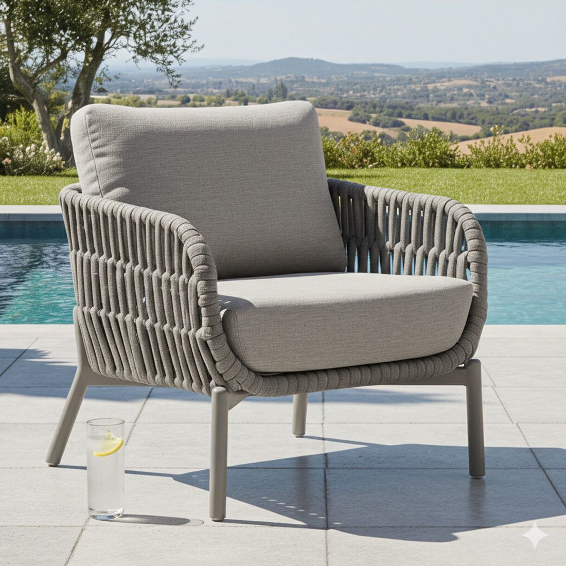 Loungestol Terano Low Dining aluminium og tau med puter forfra