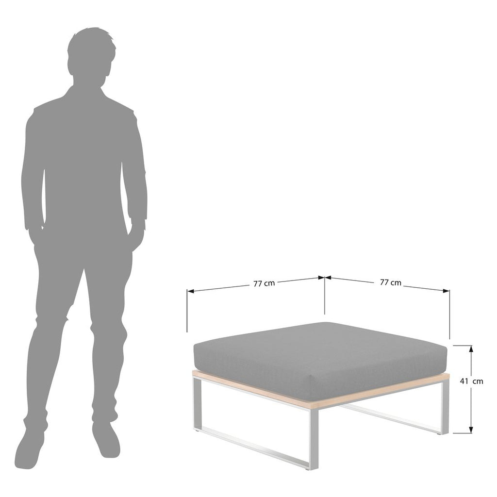 Detalj av sete og stoff på Loungetaburett Sumba rustfritt stål/teak med pute