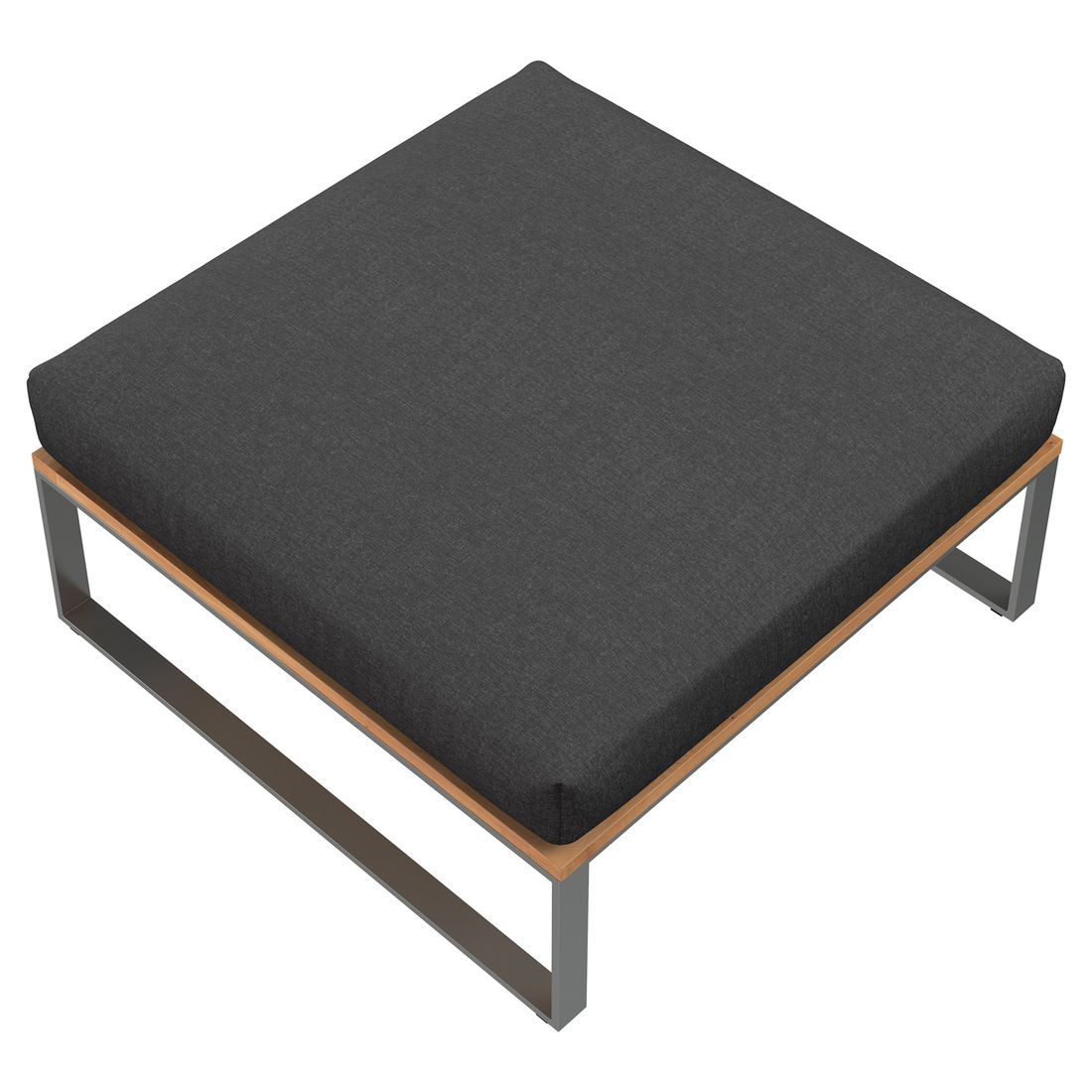 Nærbilde av teak treverk på Loungetaburett Sumba rustfritt stål/teak med pute