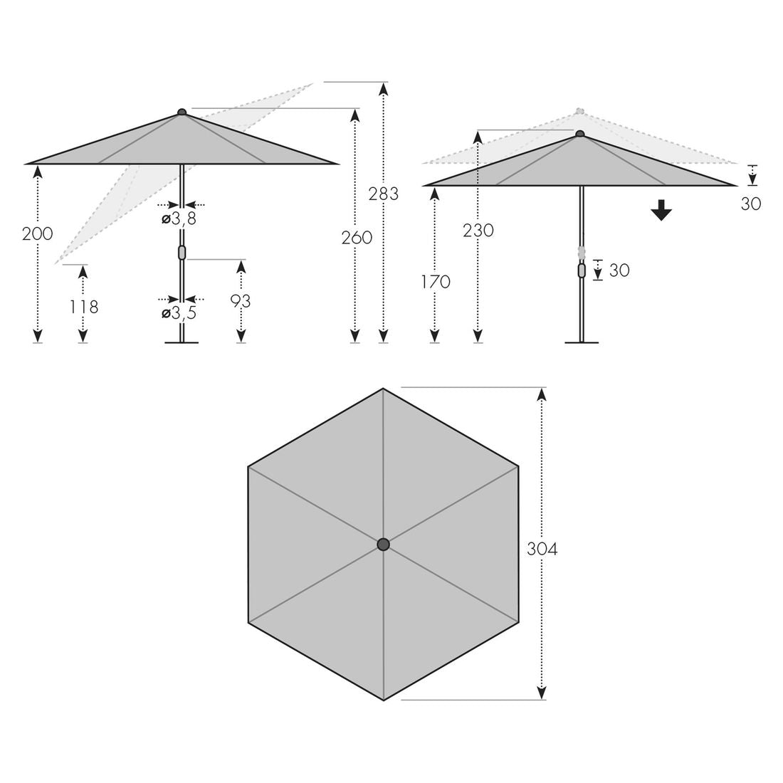 Midtstolpe-parasoll ACT NEO Push Up Ø310 cm natur detalj av stoff