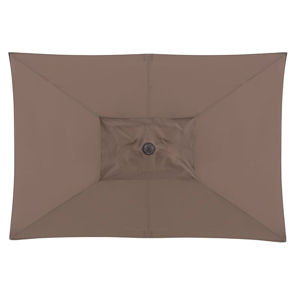 Montert Midtstolpe-parasoll Alu-Wood Ultra 210x140 cm greige på terrasse
