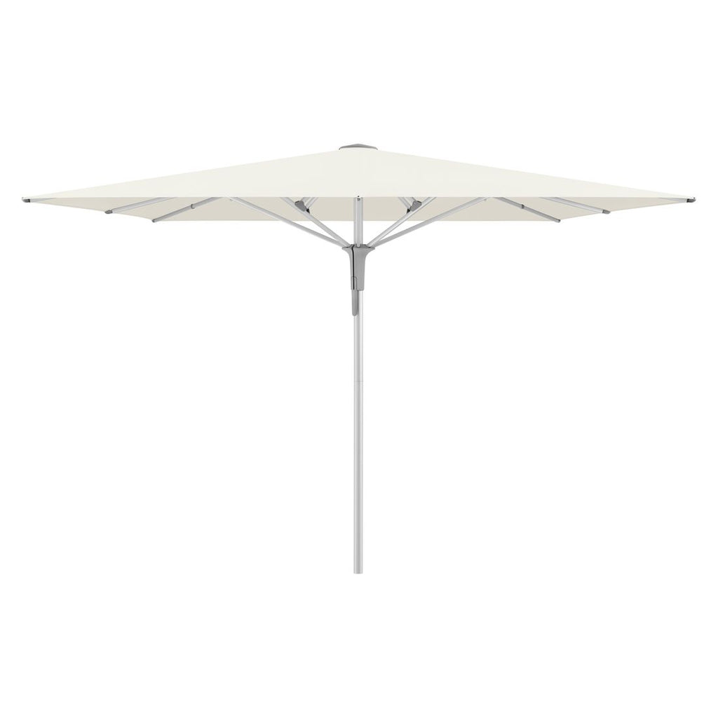Detalj av stoff og ramme på Midtstolpe-parasoll Fortello Pro 350x350 cm sølv