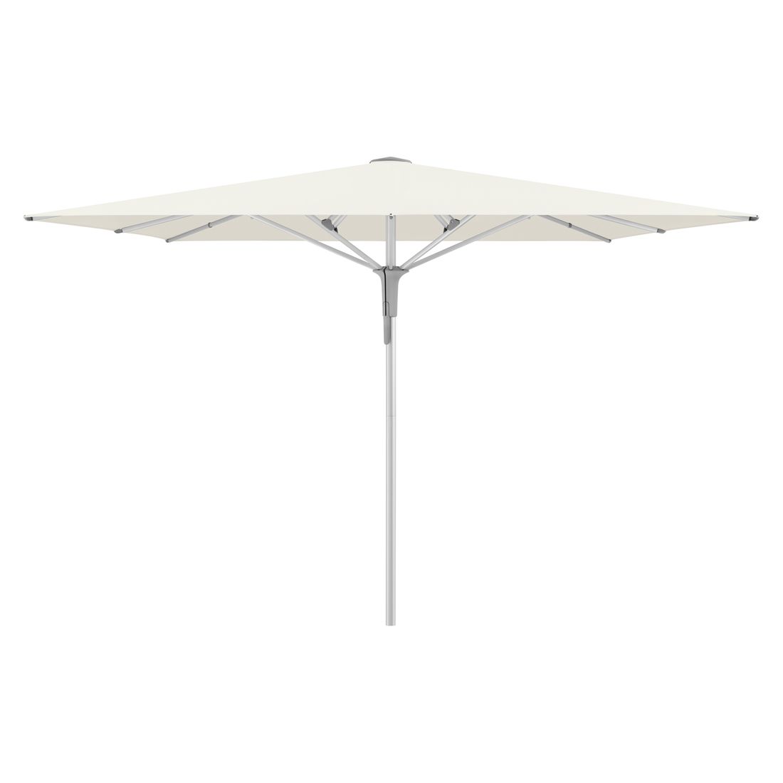 Detalj av stoff og ramme på Midtstolpe-parasoll Fortello Pro 350x350 cm sølv