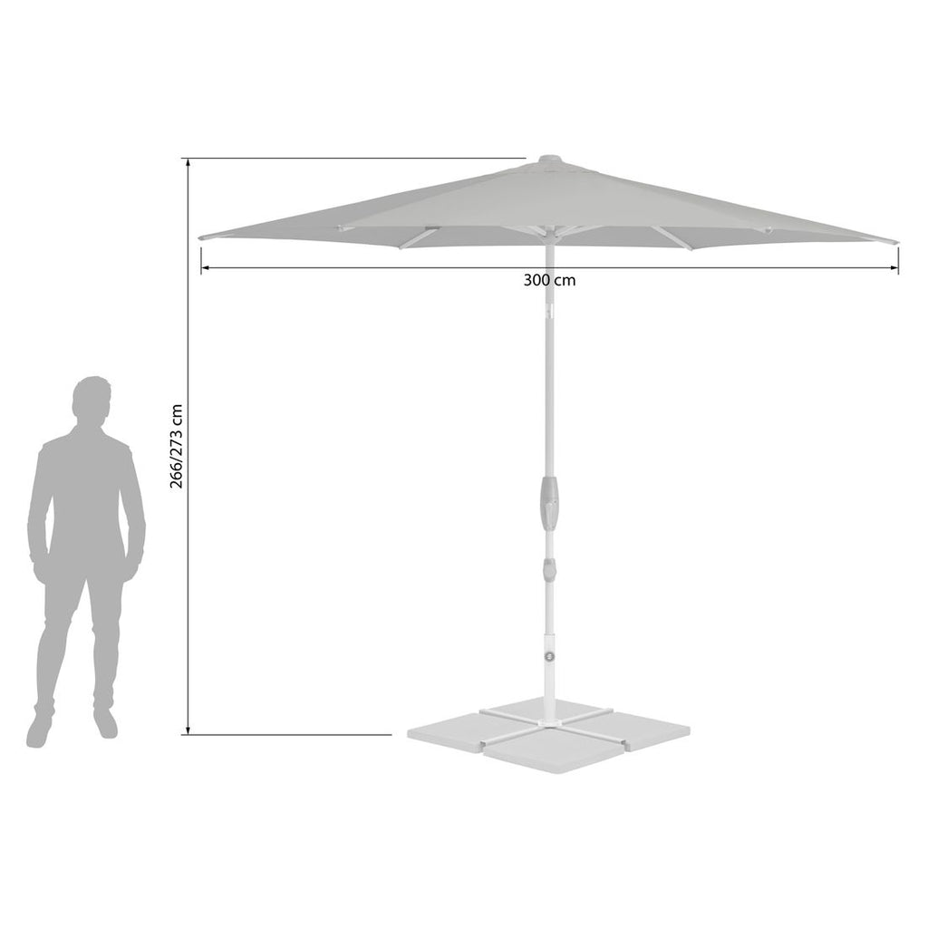 Midtstolpe-parasoll Shell Turn Ø300cm lysgrå montert på terrasse
