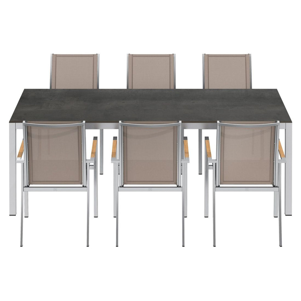Montert Hagemøbelsett Oviedo 6 plasser HPL 220x100cm taupe på terrasse