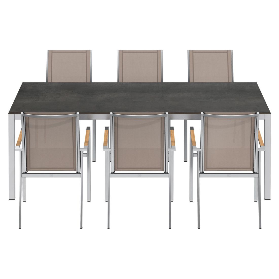 Montert Hagemøbelsett Oviedo 6 plasser HPL 220x100cm taupe på terrasse