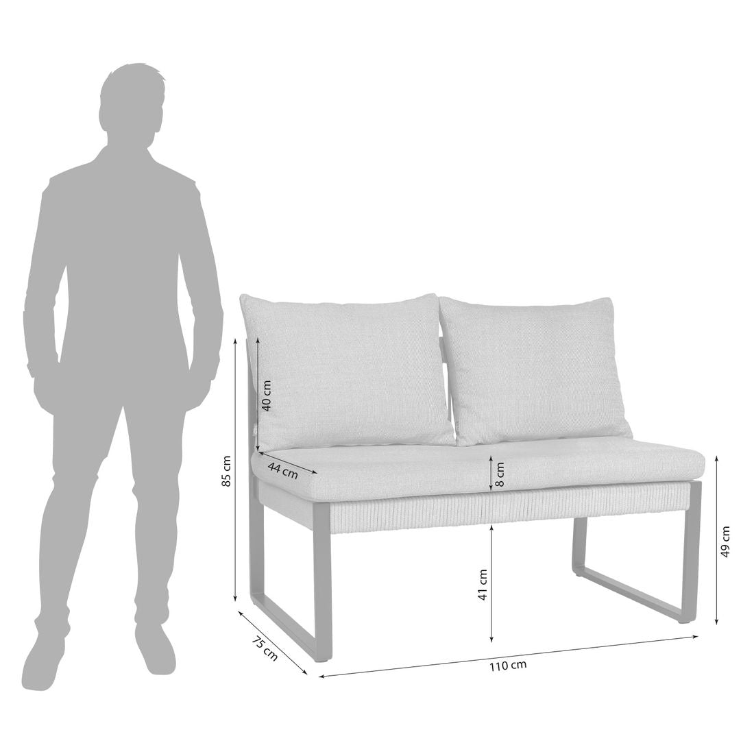 Nærbilde av puter på Hagesofa Tammo aluminium tau 110 cm
