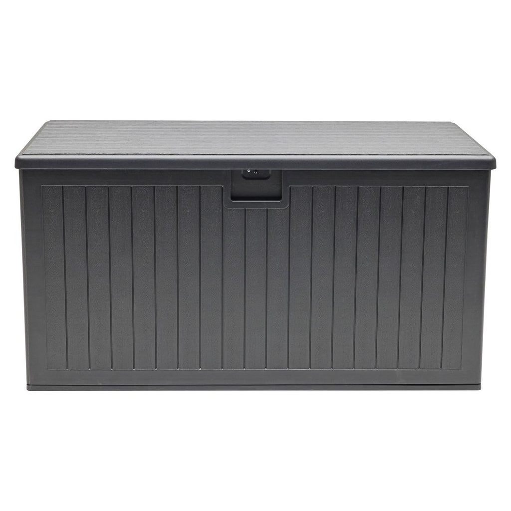 Montert Oppbevaringsboks ute Velio plast 140x72 cm svart på terrasse