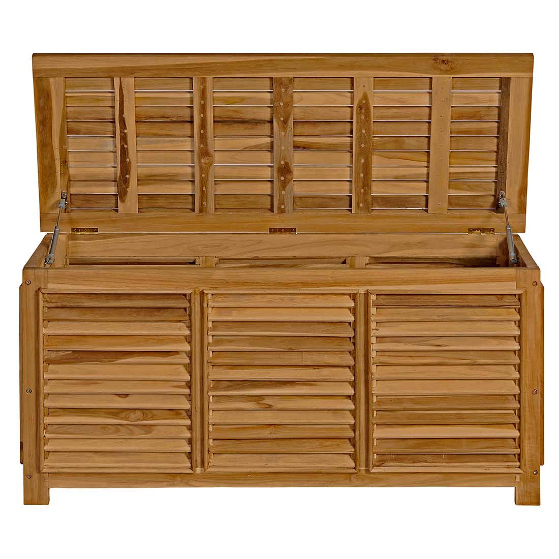 Nærbilde av soft-close funksjon på Oppbevaringsboks ute Ventara teak 128x52 cm