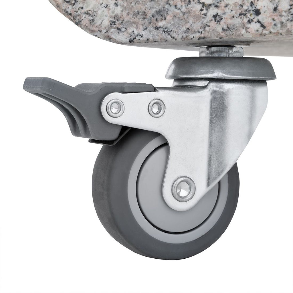 Parasollfot granitt 50 kg med hjul 55x54 cm nærbilde av overflate