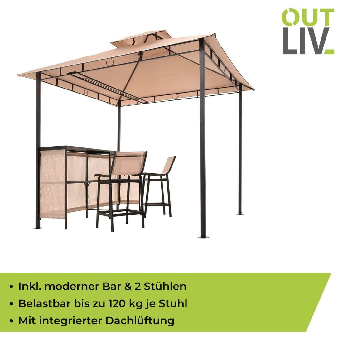 Paviljong med bar og 2 stoler, stål/utestoff - OUTLIV sett ovenfra