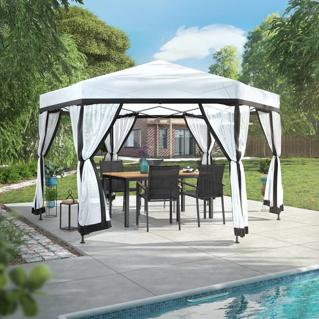 Paviljong sekskantet 335x335 cm stål/polyester - OUTLIV bakside