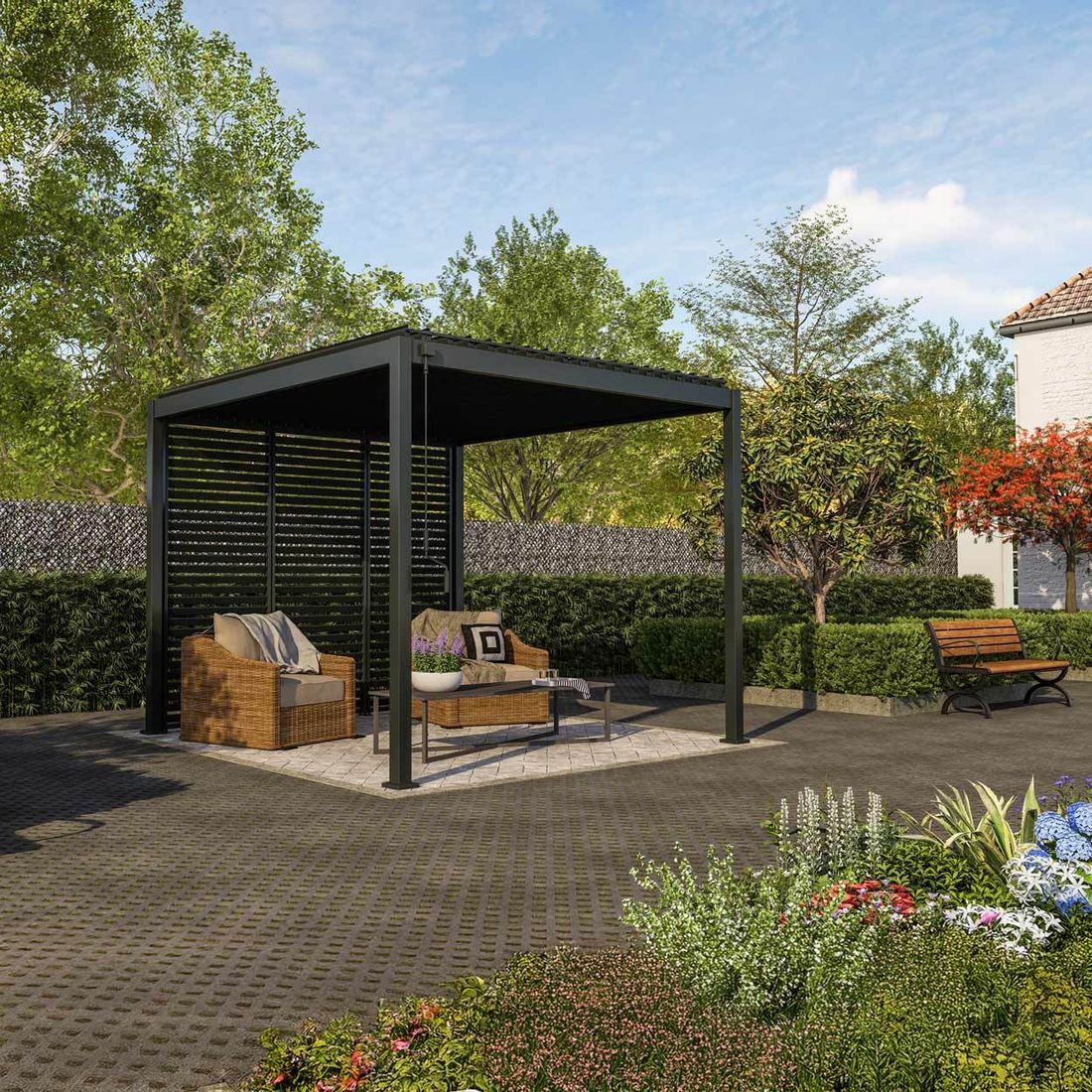 Oversiktsbilde av Pergola Classic 300x300 cm aluminium antrasitt i hage