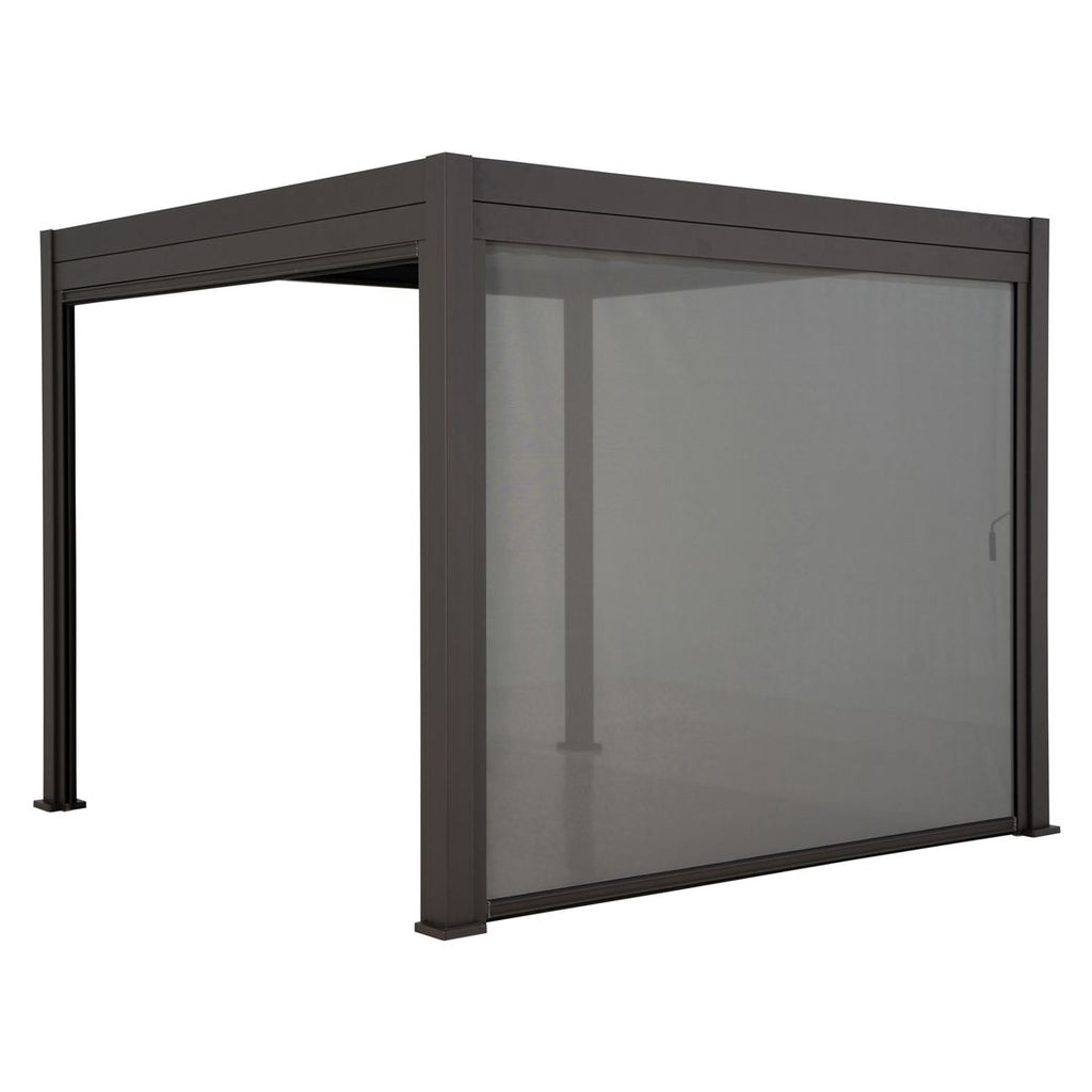 Nærbilde av tekstilene stoff på pergola siderullegardin 370x236 cm