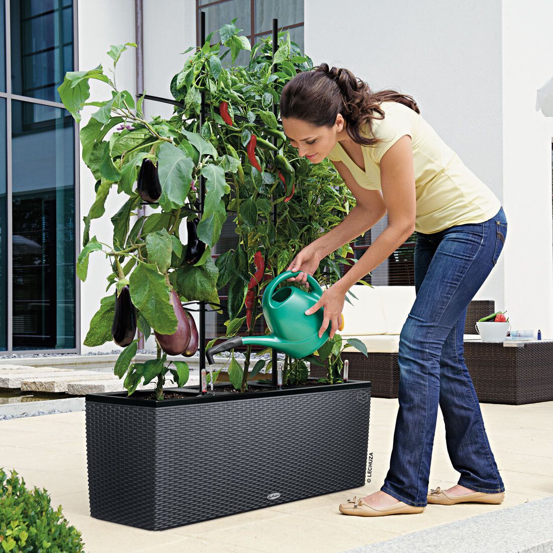 Plantekasse Trio 100x32x34 cm polyrotting granitt med naturlig bakgrunn