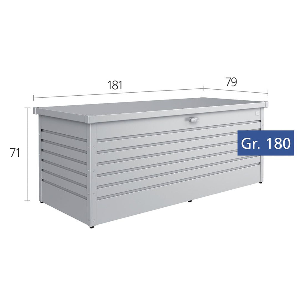 Putekiste Freizeitbox metall 181x79 cm - Biohort montert på terrasse