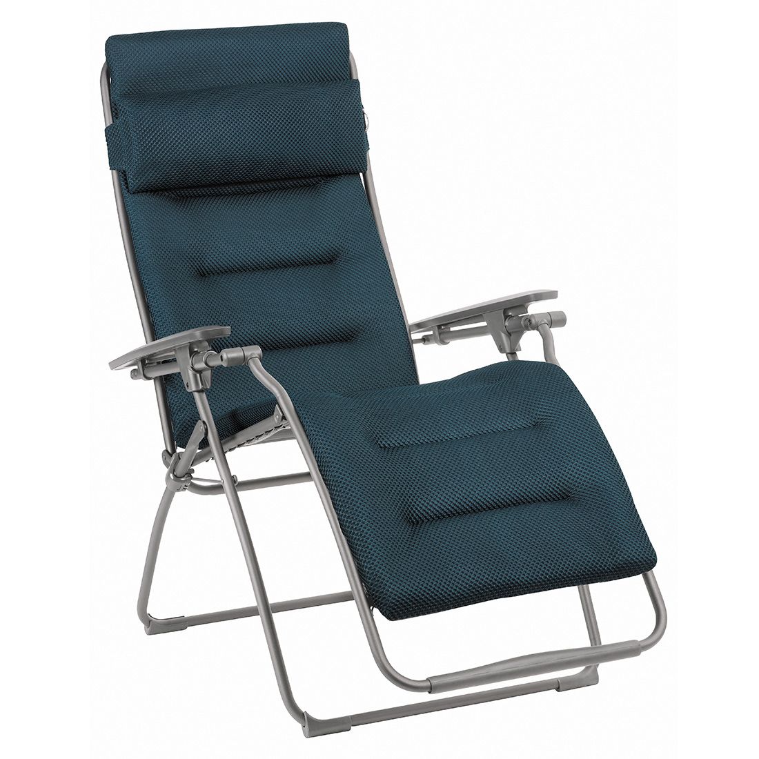 Detalj av stoff og ramme på Relax-stol Futura stål/BeComfort blå sammenleggbar