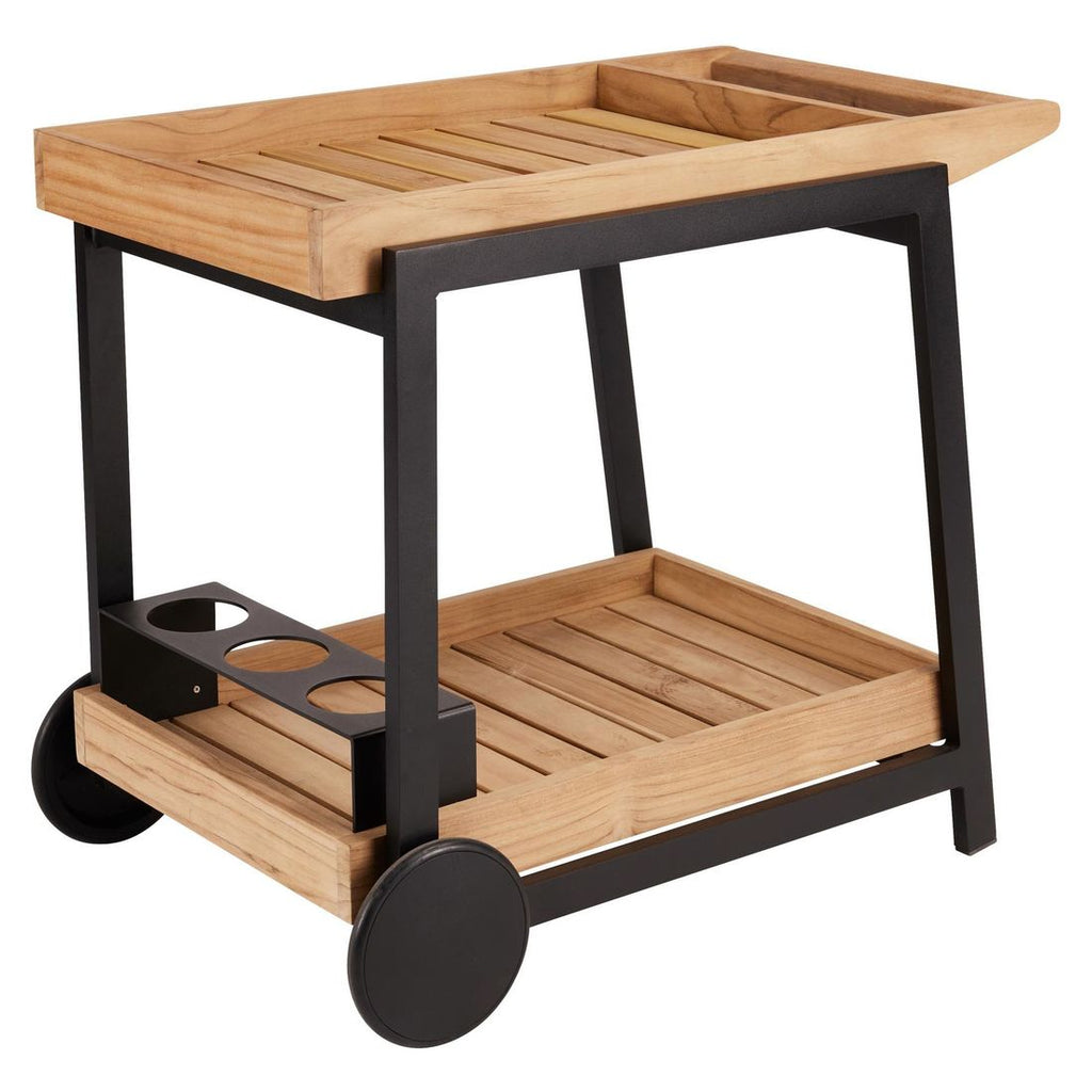 Detalj av teakhyllene på Serveringsvogn Frido aluminium/teak