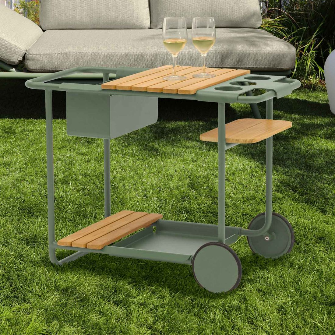 Serveringsvogn ute Somerset aluminium/teak 90x51 cm - Zebra bakside