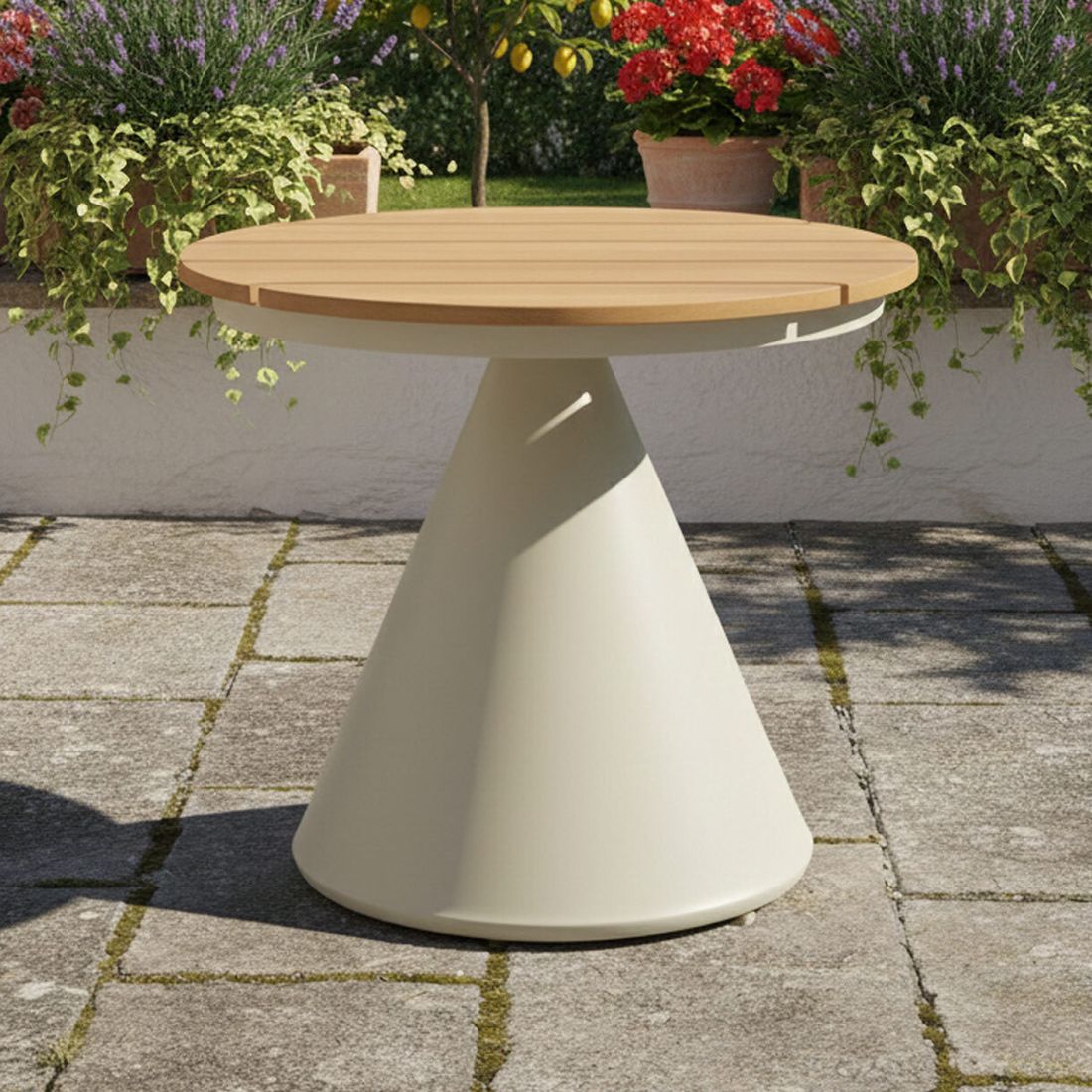 Sidebord ute 7015 Ø50 cm aluminium/teak bakside