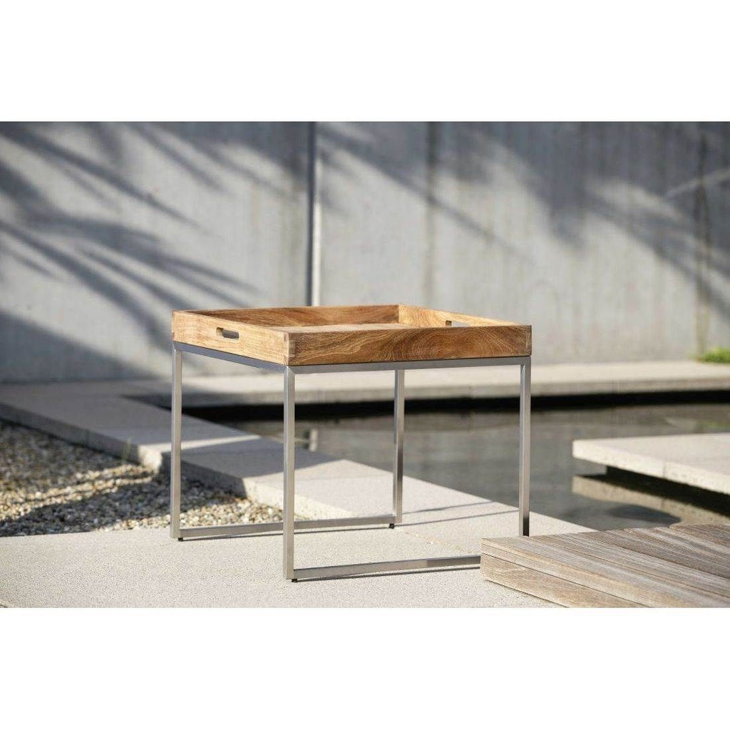 Sidebord ute med brett rustfritt stål/teak 50x50 cm - Stern detalj av teak bordplate