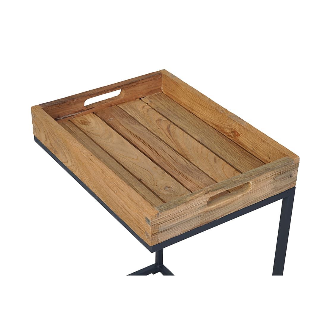 Sidebord ute Tray 46x30 cm stål/resirkulert teak nærbilde av metallramme