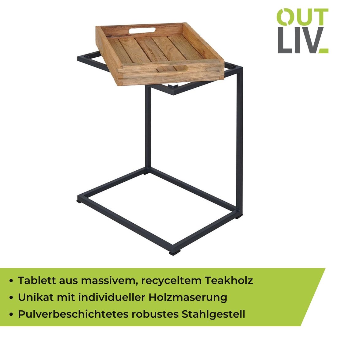 Sidebord ute Tray 46x30 cm stål/resirkulert teak med dekor