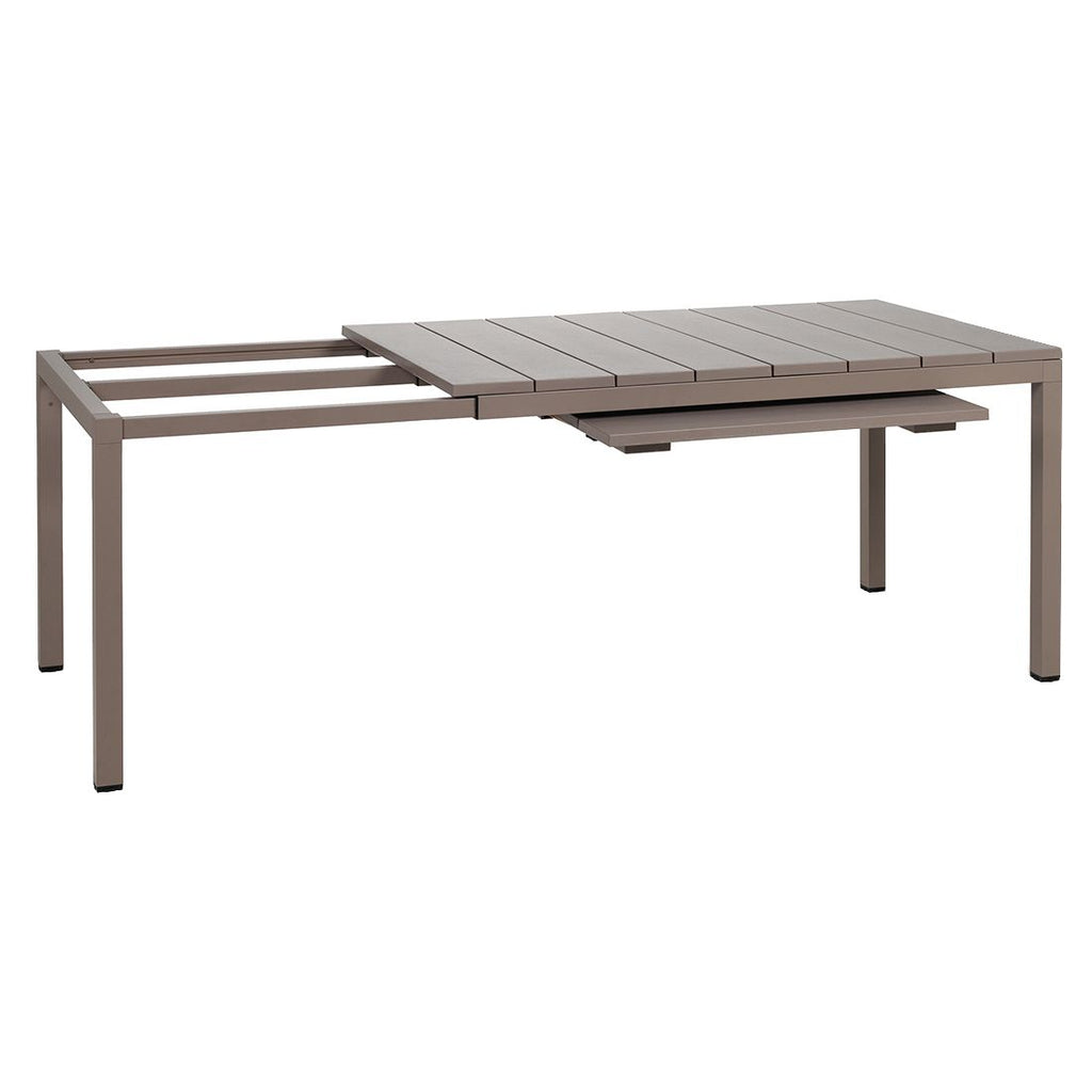 Sidevisning av spisesett ute Rio 6 plasser aluminium 210/280x100 cm
