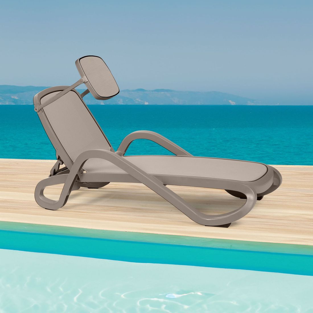 Solseng Alfa med soltak plast/textilen 194x71 cm taupe bakside
