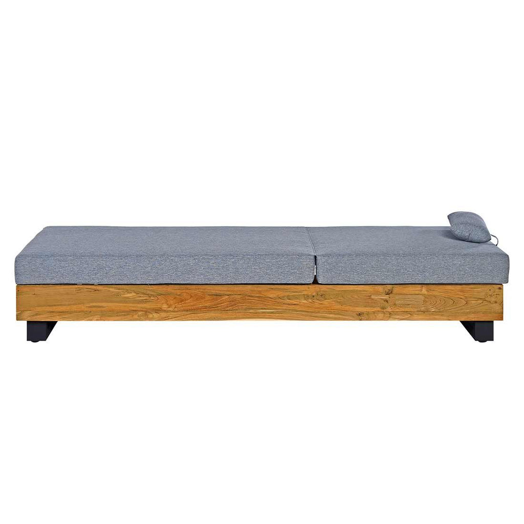 Nærbilde av stoff og teak i solseng Madrid resirkulert teak/olefin 65x200 cm