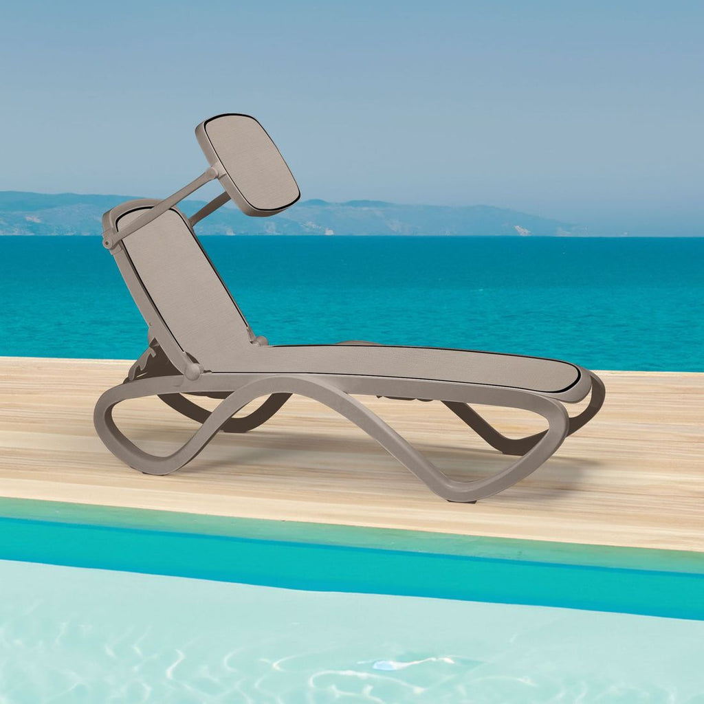 Solseng Omega sett med soltak plast textilen taupe front