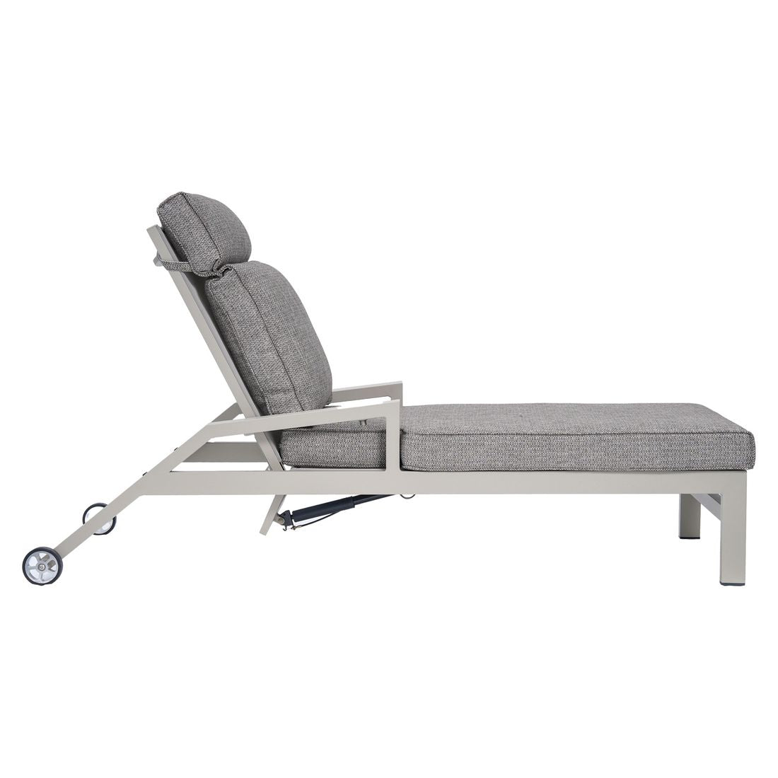 Nærbilde av tekstilene på Solseng Perth justerbar aluminium og polyester 190 cm