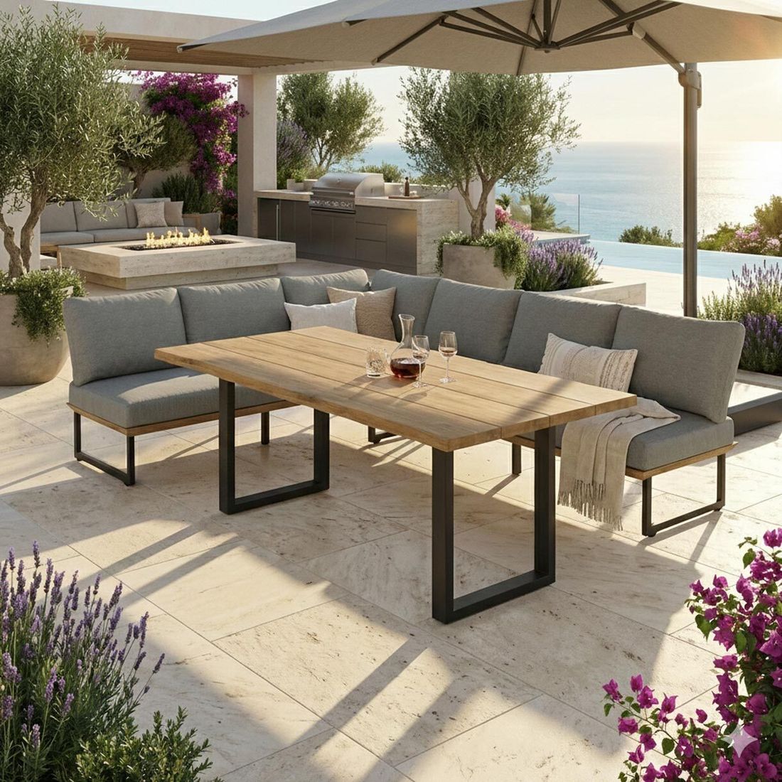 Spise-loungesett Alkas teak/stål 200x100 cm - OUTLIV forfra