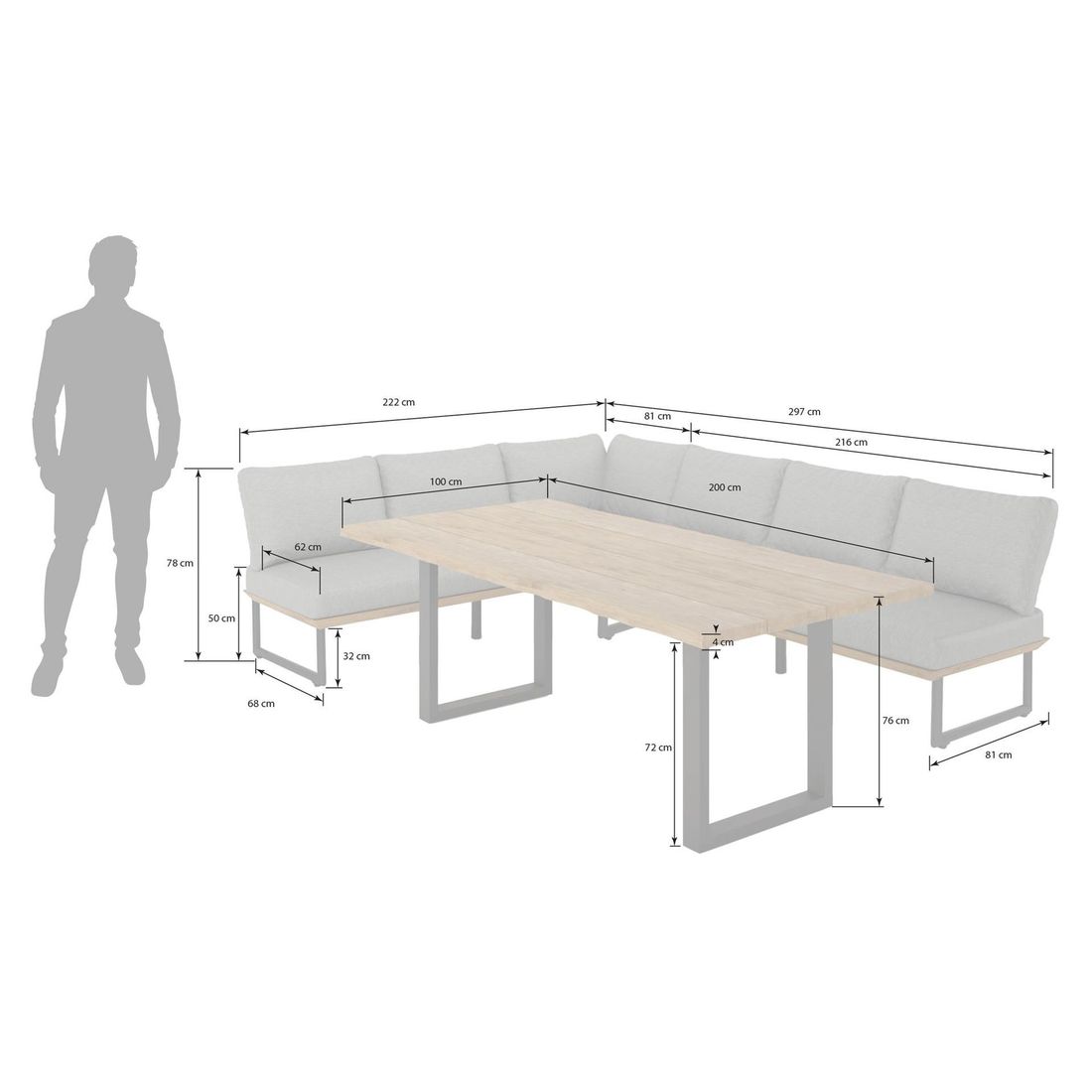 Detalj av spise-loungesett Alkas teak/stål 200x100 cm - OUTLIV