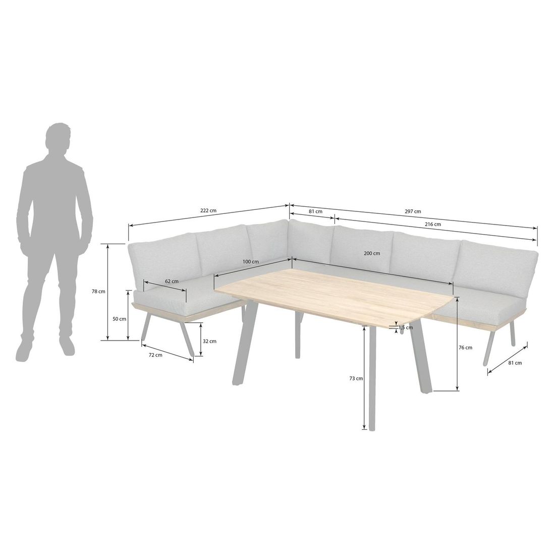 Detalj av teak bordplate på Spise-loungesett Alkas teak/stål 200x100 cm - OUTLIV