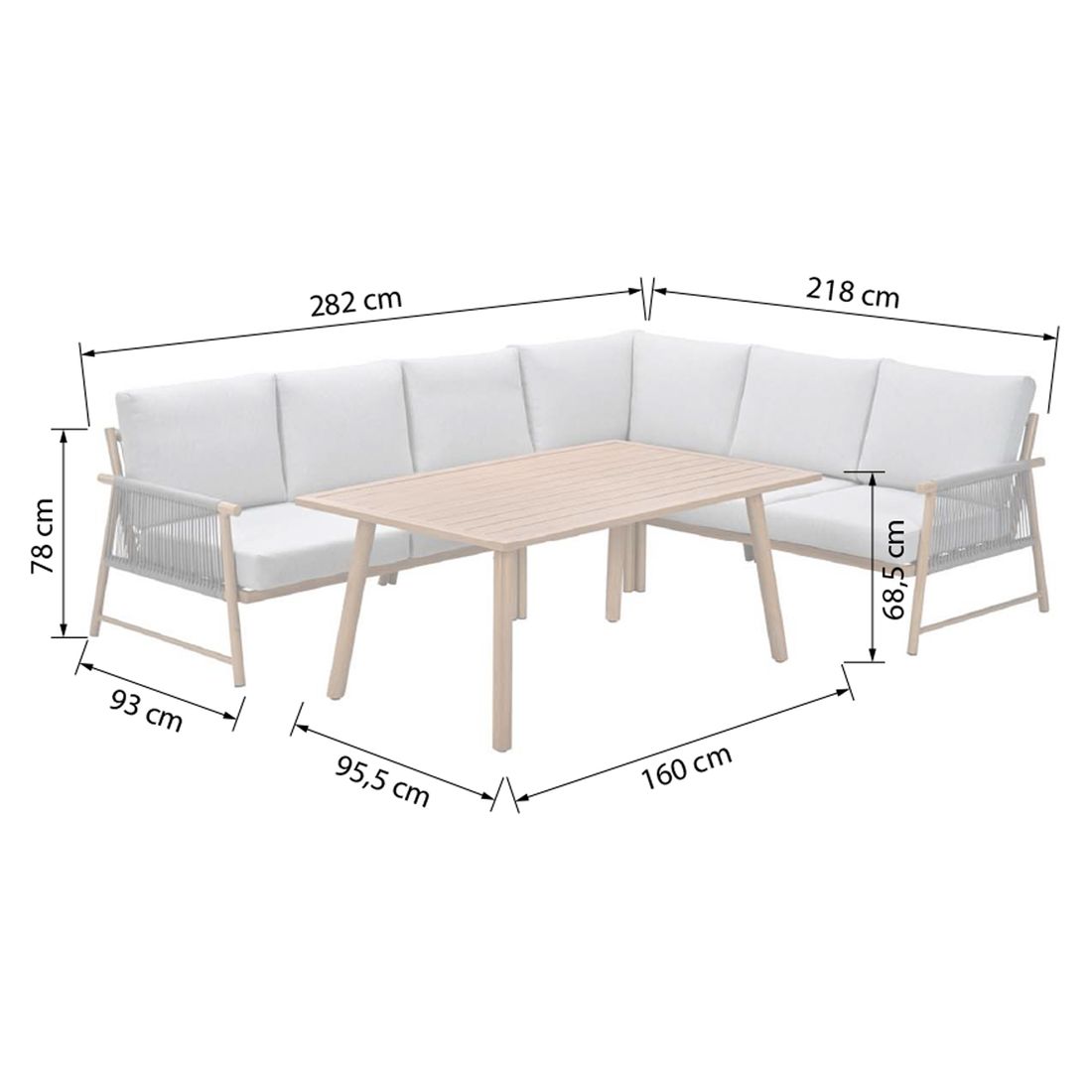 Spise-loungesett Bahama aluminium tau 160x96 cm detalj rope-flettverk