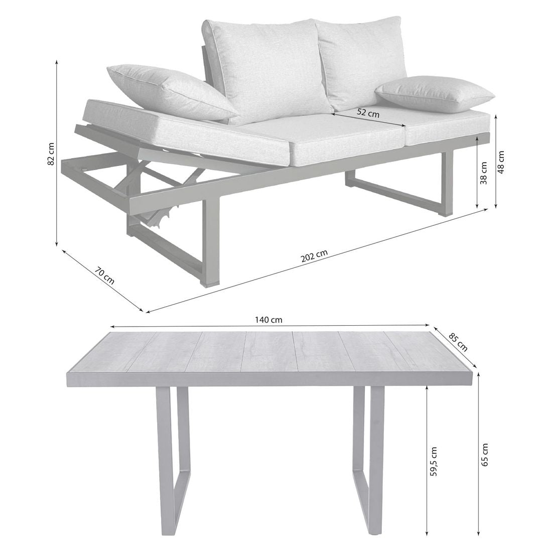 Detalj av spise-loungesett Bondino aluminium 140x85 cm
