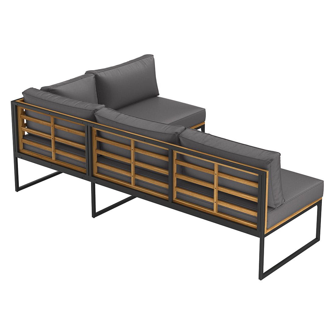 Nærbilde av stoff og treverk på spise-loungesett Floris stål/akasie 115x68 cm