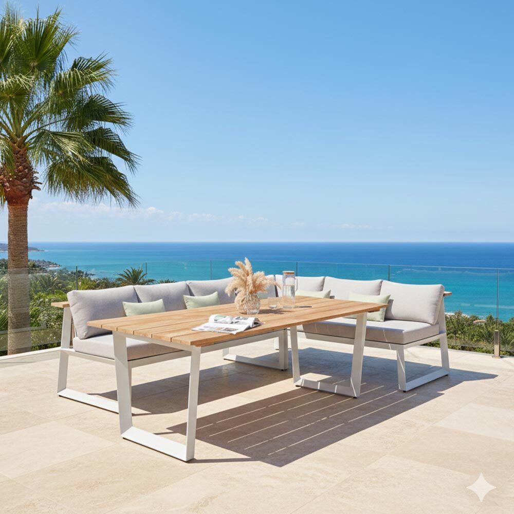 Spise-loungesett Jimmy aluminium/teak 216x99 cm forfra