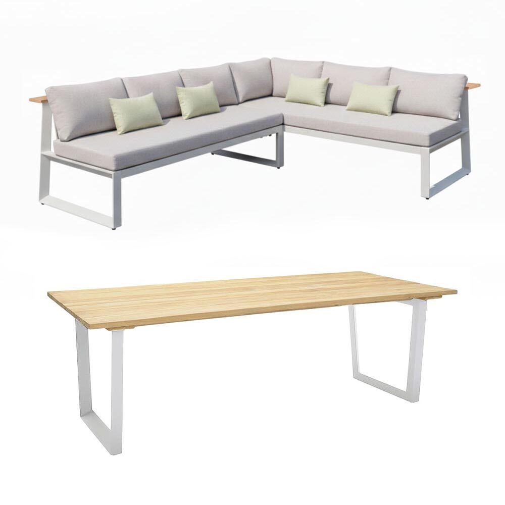Spise-loungesett Jimmy aluminium/teak 216x99 cm detalj av bordplate i teak