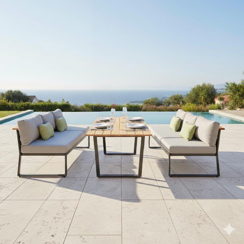 Spise-loungesett Jimmy aluminium/teak 216x98,5 cm forfra