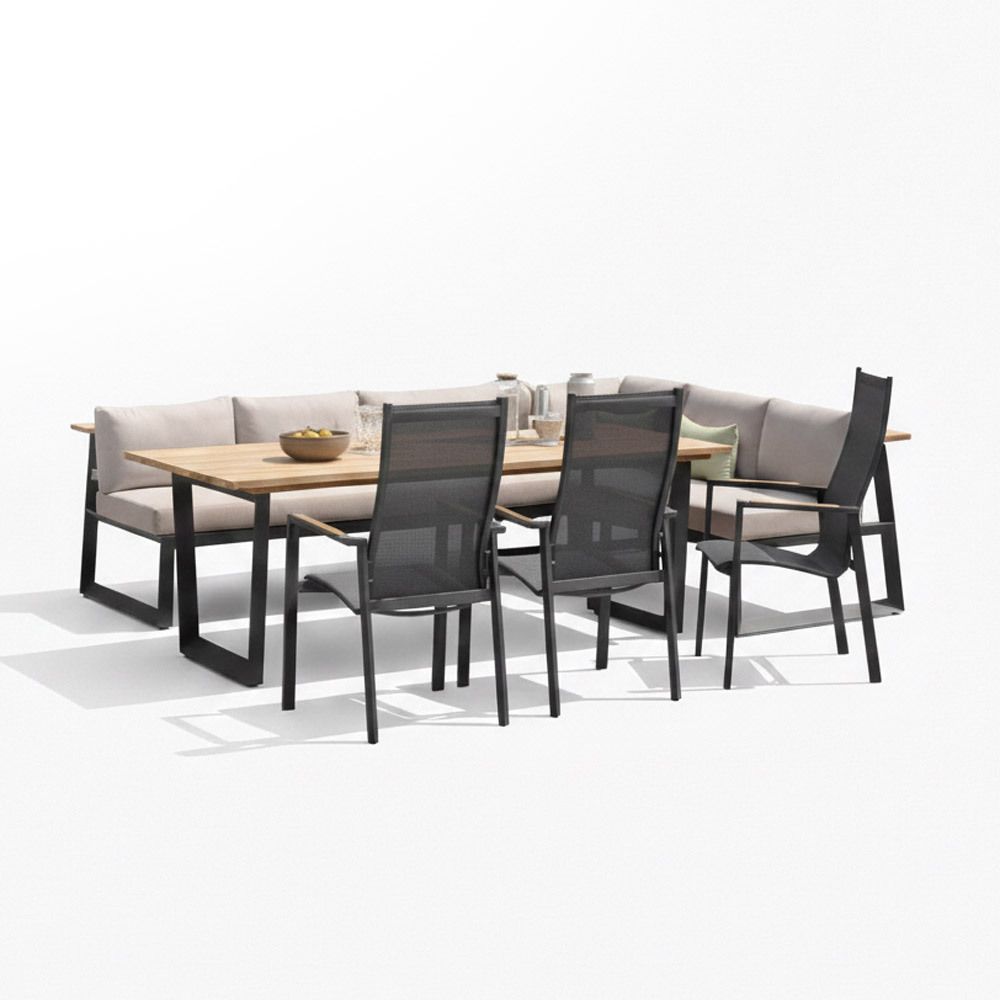 Spise-loungesett Jimmy aluminium/teak med stabelstol bakside