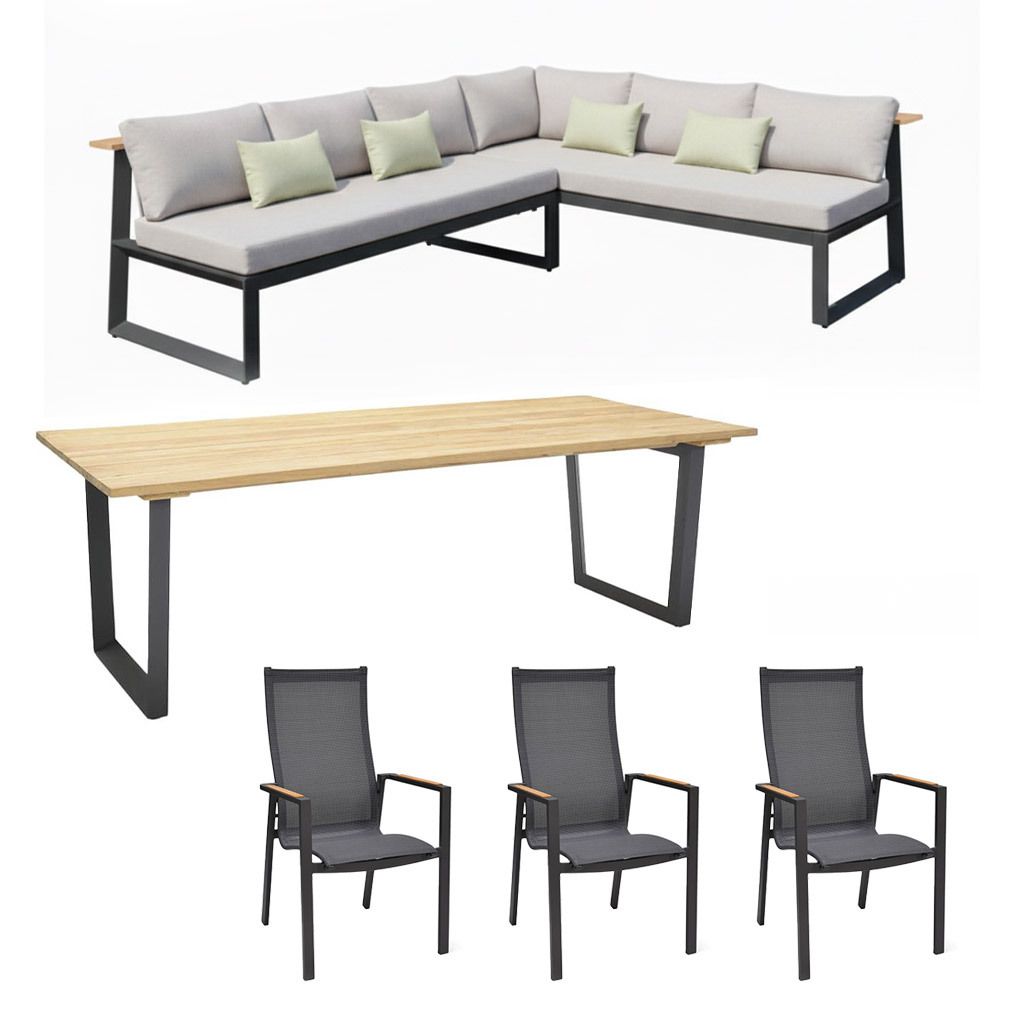 Detalj av spise-loungesett Jimmy aluminium/teak med stabelstol
